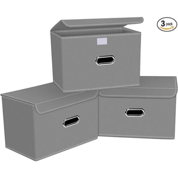 Linen Fabric Storage Cubes w/ Lid & Leather Handles - Foldable, 3-Piece Set,Grey - Picture 7 of 7